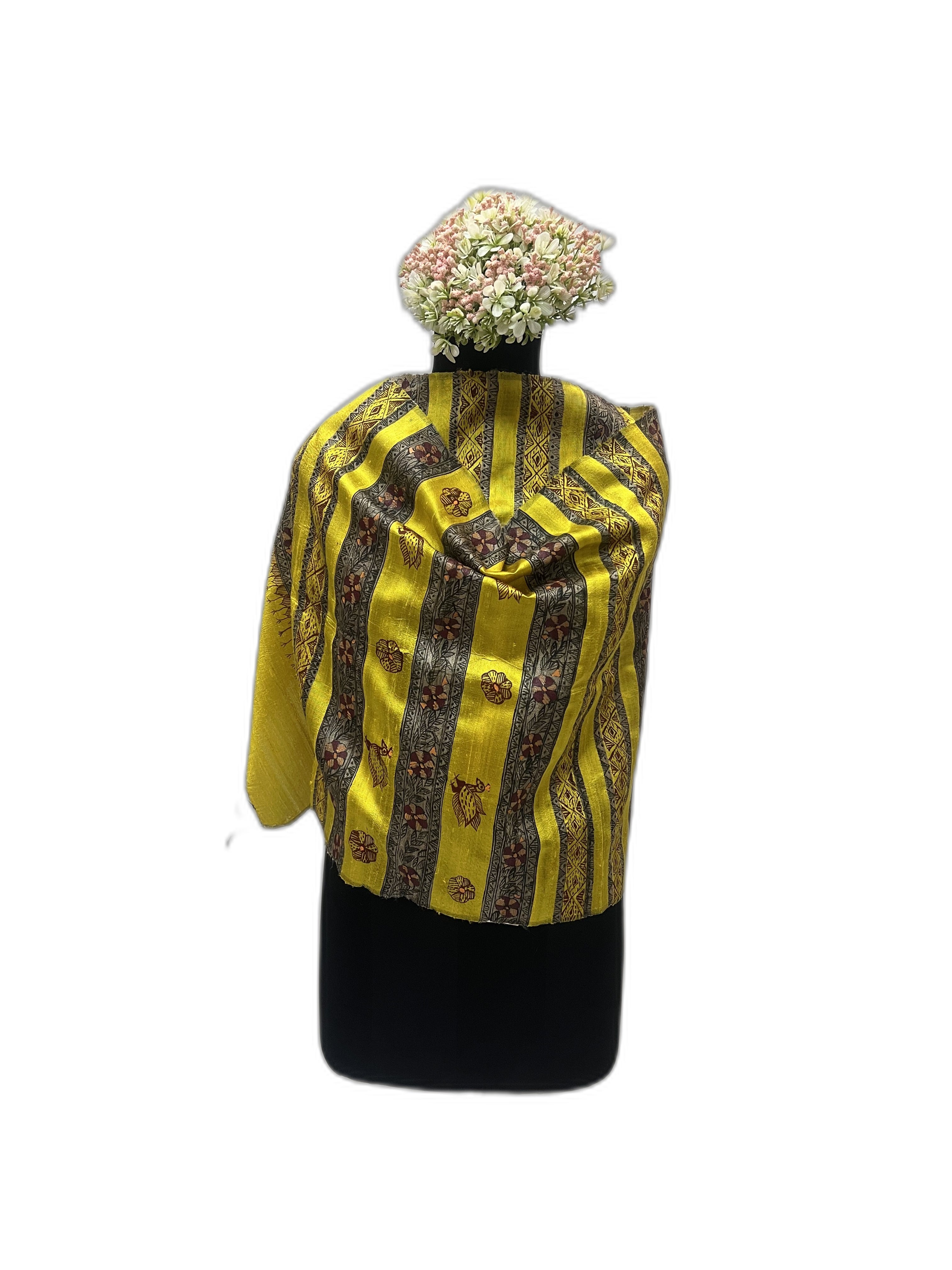 Madhubani Dupion Silk Stole in Yellow with Ghicha Stripes